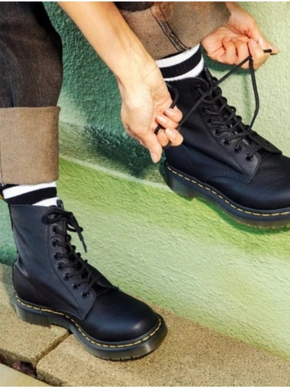Dr. Martens Black Leather Lace-Up Combat Boots with Yellow Stitching